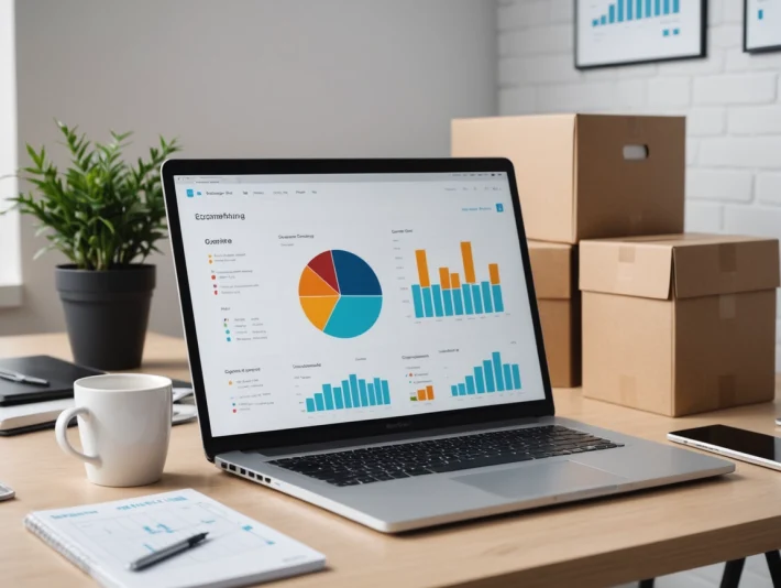 Modern e-commerce workspace with a laptop showing growth charts and shipping boxes, symbolizing a scaling small online shop.